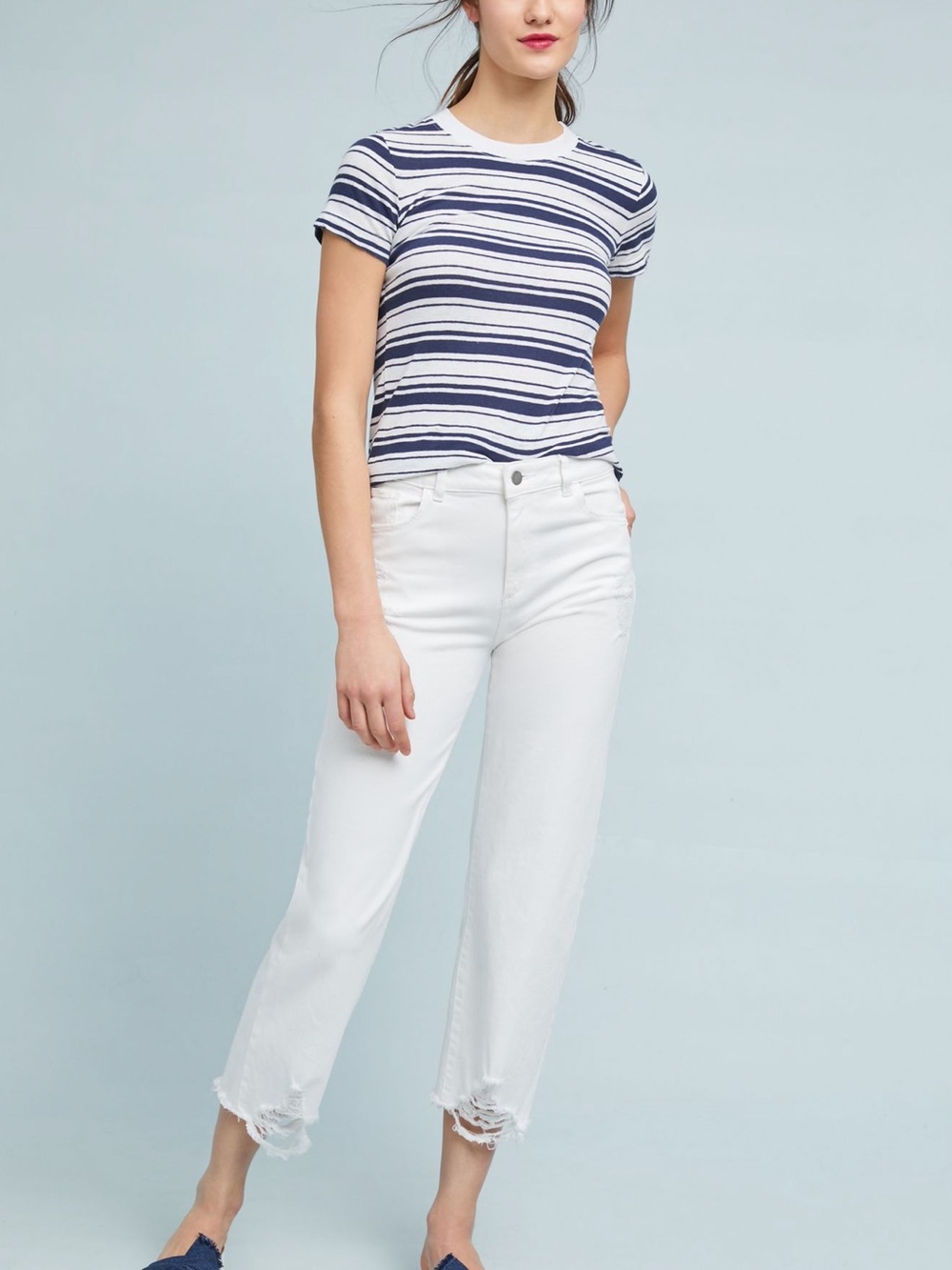NWT Anthropologie Stateside Marina Striped Blue Motif Tee Shirt Large